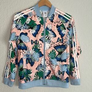 Adidas Her Floral Full Zip Track Jacket Blue Butterfly Athleisure Sporty Prep